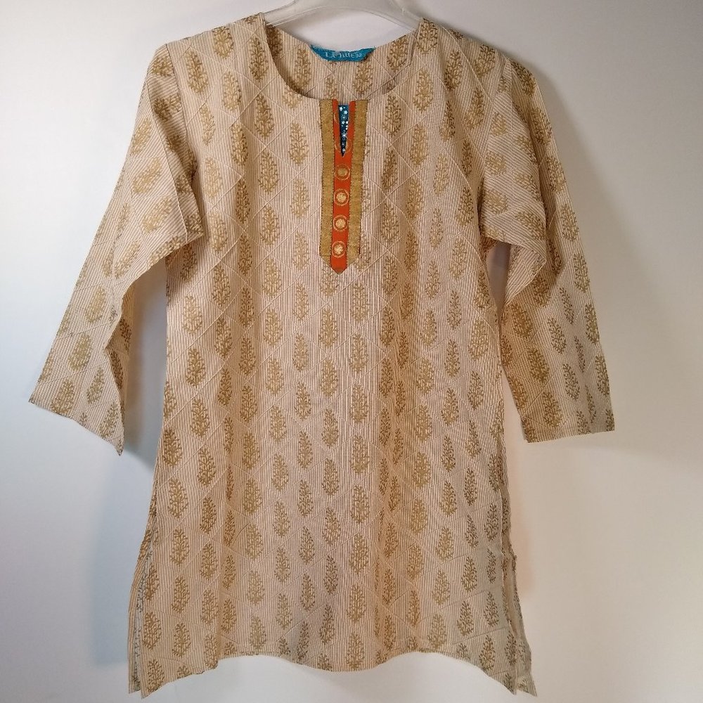 La Fille Cream and Gold Indian Tunic Kaftan Sz 32 NWT